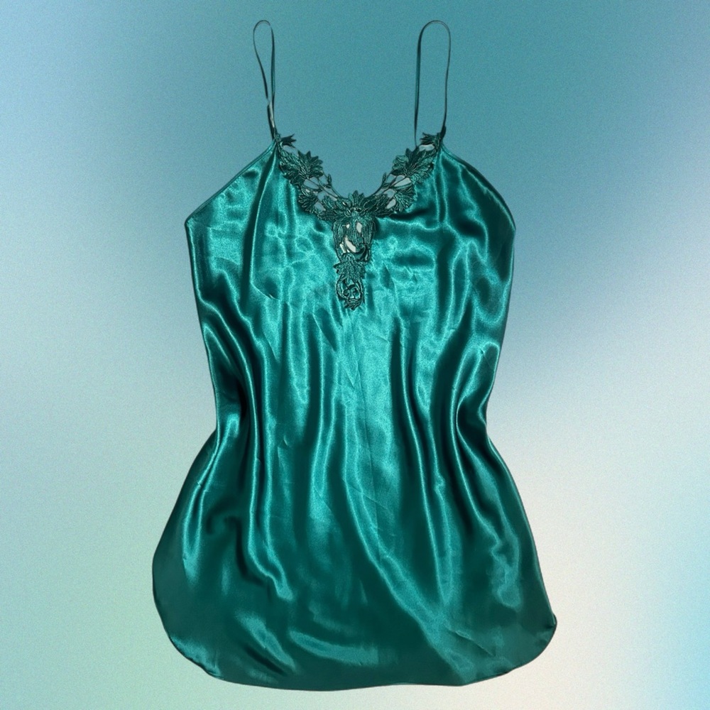 Vintage Dentelle Women’s Emerald Green Satin Slip Dress Size Medium M
